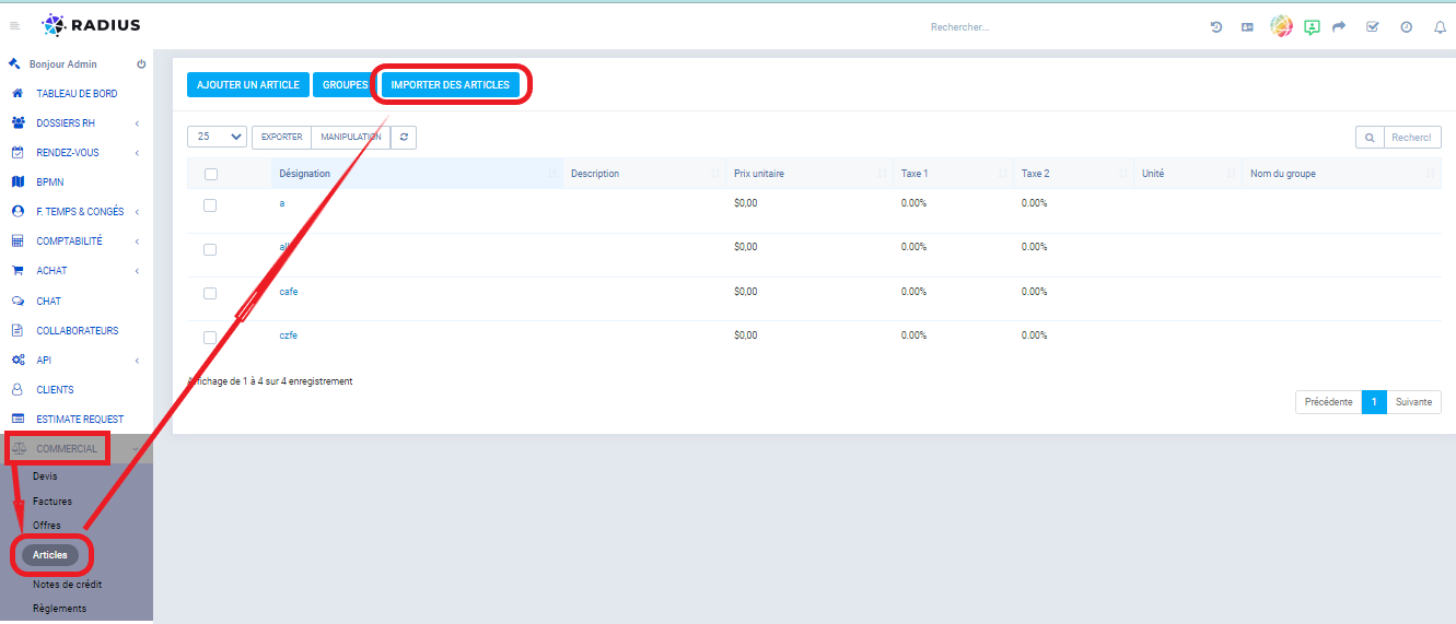 Importer des articles commercial