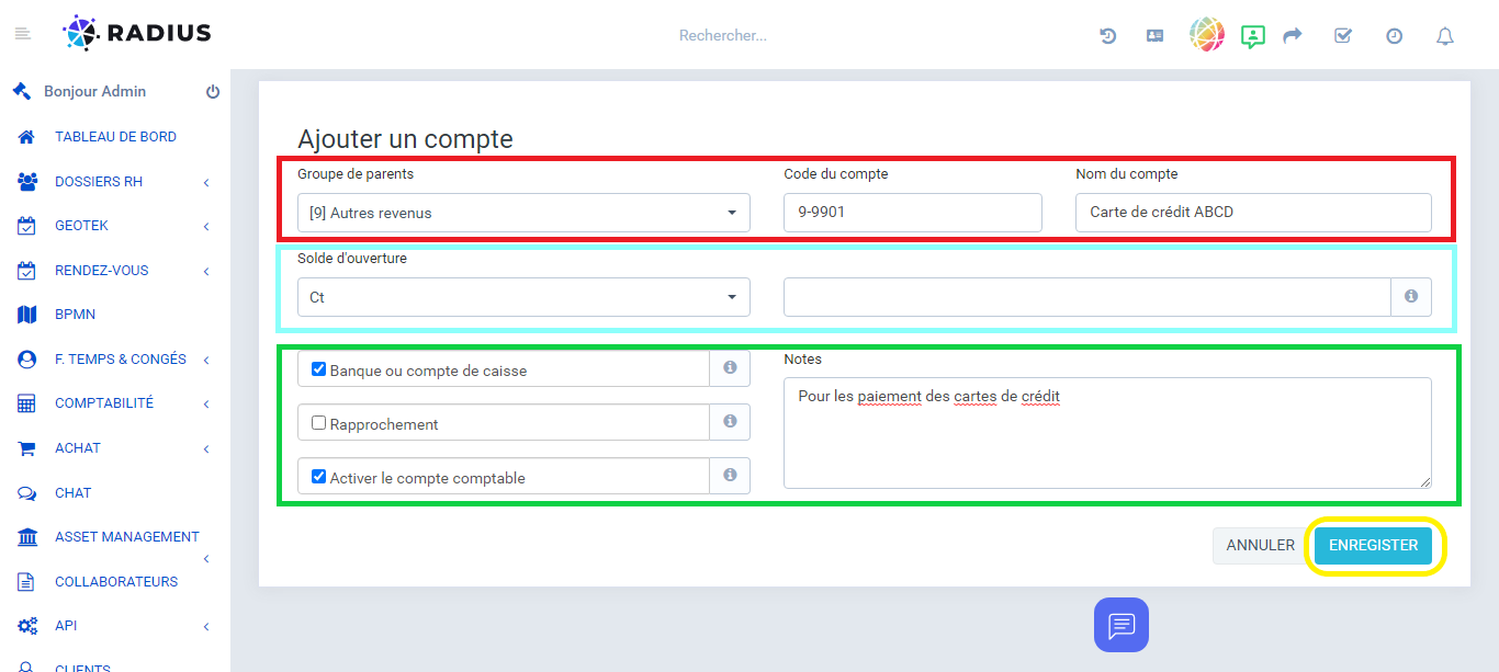 Formulaire de création d'un compte comptable suite 02