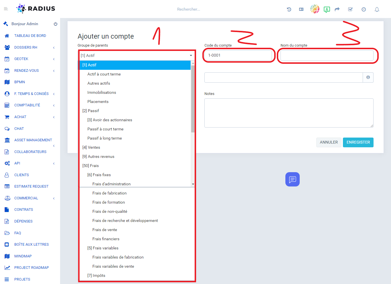 Formulaire de création d'un compte comptable suite